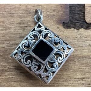 Sterling Silver Black Onyx Filigree Pendant 925 Ornate Square Vintage Style